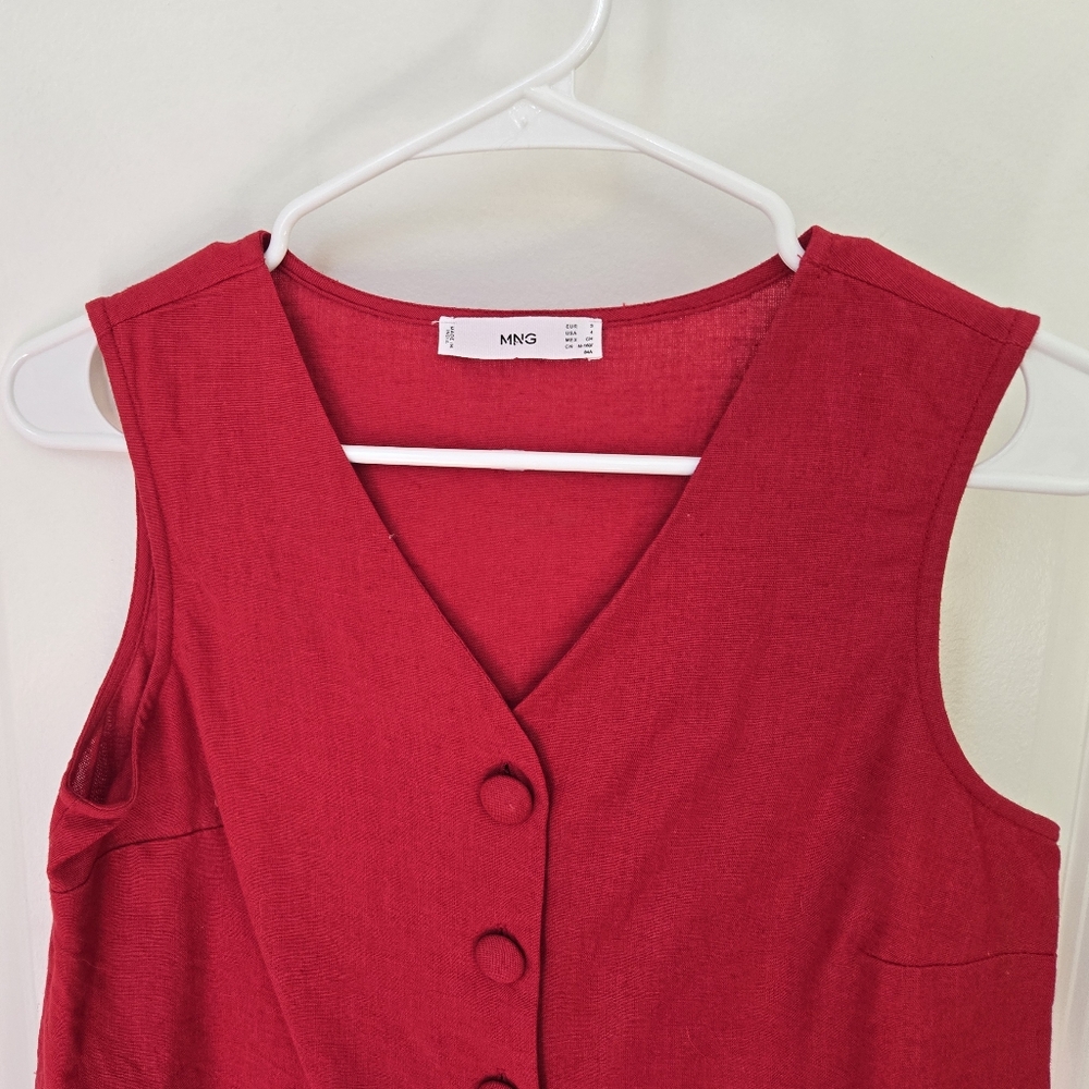 Mango Red Cropped Button-Front Sleeveless Cotton-Linen Vest Blouse Sz 4 - Picture 5 of 11